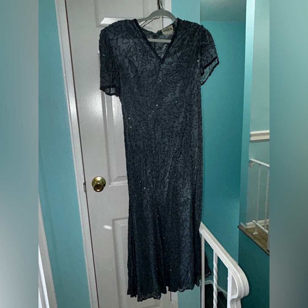 Y2K Ellebelle Embellished Beaded Mesh Column Gown in Slate Size 14